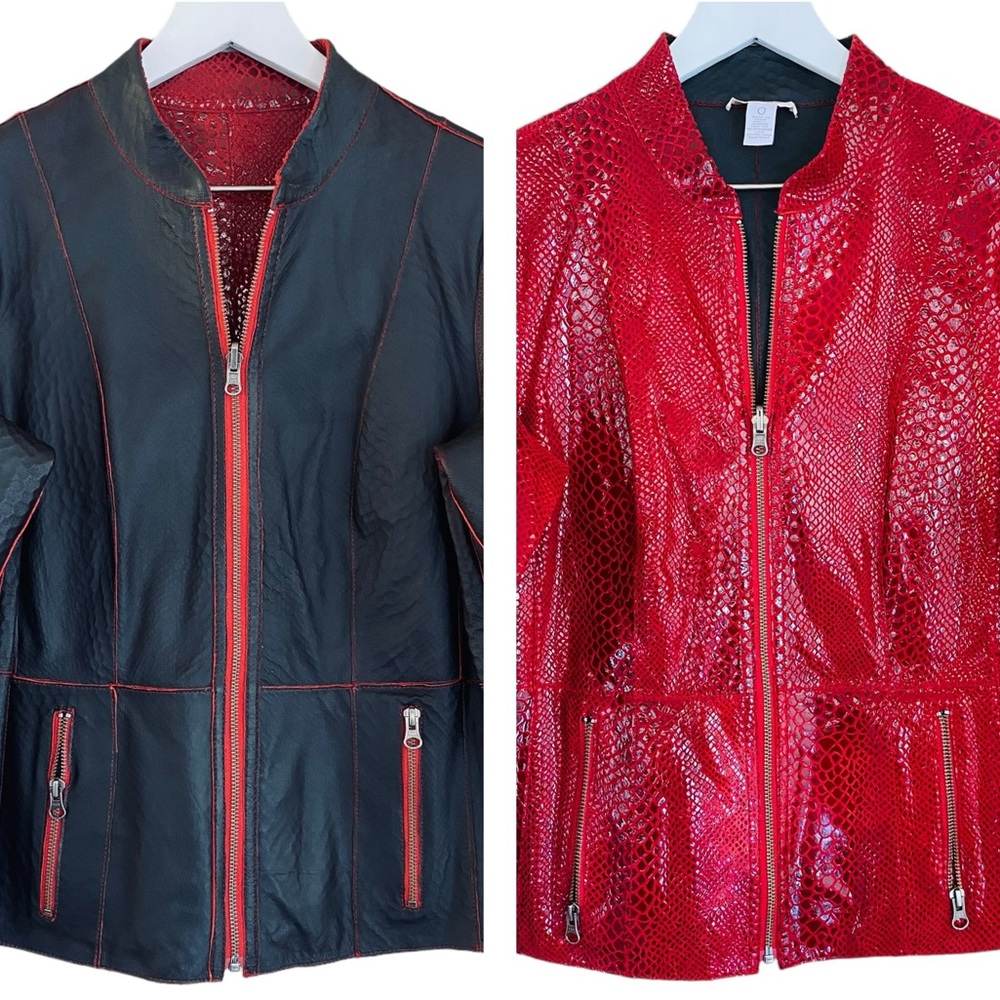Chico’s Reversible Genuine Leather Black & Red Snakeskin Biker Style Jacket Sz 4